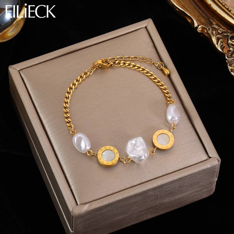 B727 Stainless Steel Pearl Roman Numerals Charm Bracelet For Women Vintage Simple Link Chain Bangles Wrist Jewelry Gifts