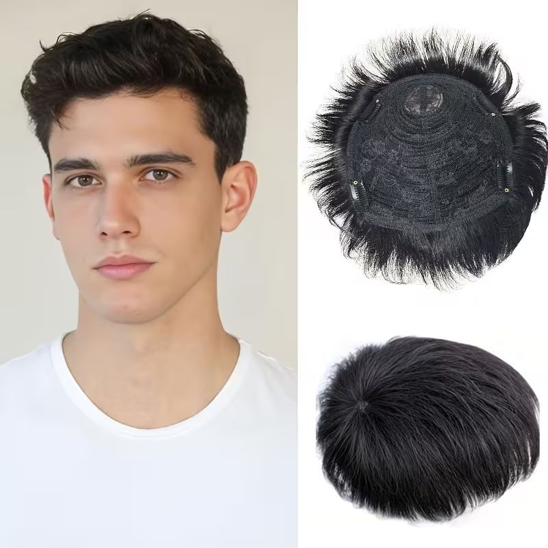 Men Short Crew Cut Hair Toupee, Ultra Thin Invisible Clip On Hair Piece, Natural Seamless Breathable Top Hair Replacement Patch for Thinning Hair Hairline Loss