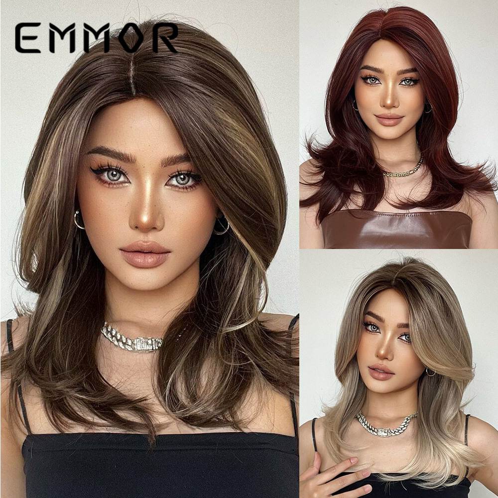 New gradient slightly skewed French style bangs with slightly curled medium long hair synthetic wig full head
