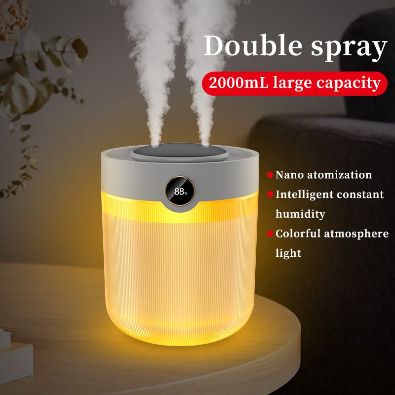 2L Large Capacity Dual Nozzle Humidifier, Smart Digital Display USB Plug-in Ultrasonic Mist Maker, Ultra Quiet High Mist Volume Air Humidifier, Portable Desktop Moisturizing Humidifier for Home Office Bedroom