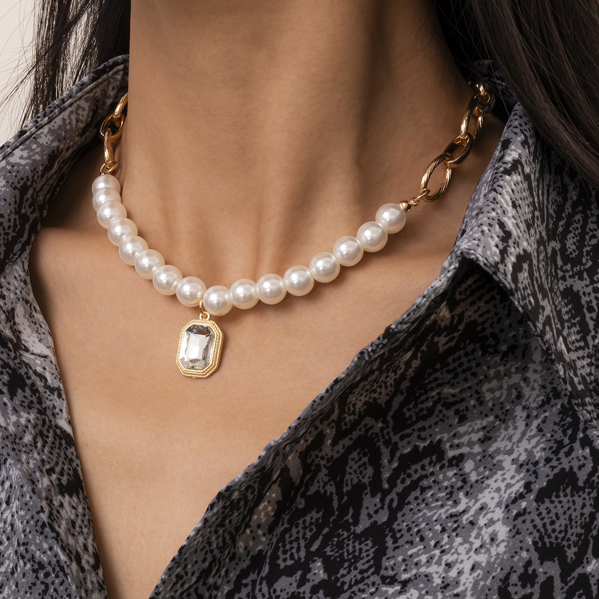 C03789 Faux Pearl Decor Chain Choker Crystal Rhinestone Pendant Necklace