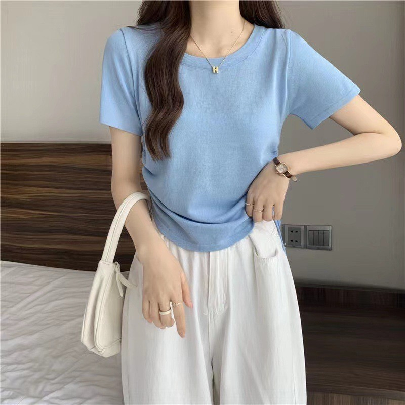 420 Women's Loose Crewneck Drawstring Slim Short Sleeve T-shirtBlue