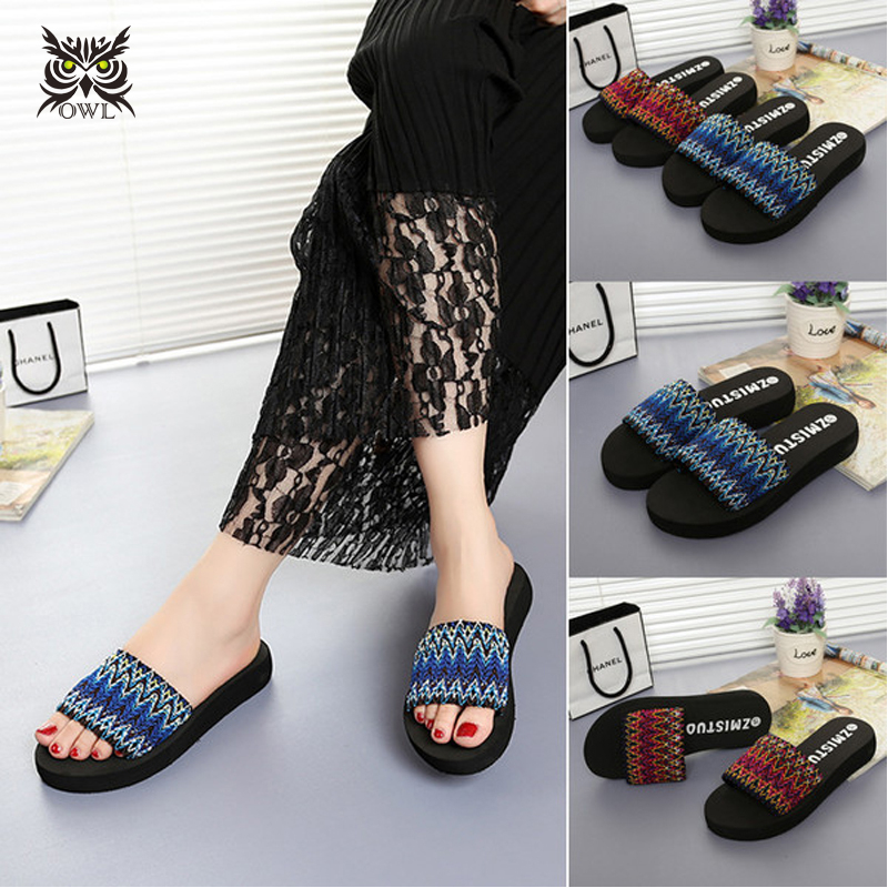 OWL　Fashion slippers sandals with a female muffin slope with Home Furnishing thick non slip bottom summer beach shoes wholesale