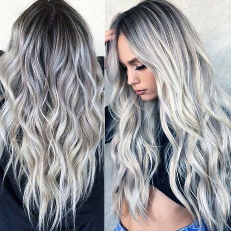 Wig female long curly hair big wave black gray gradient T color long hair European and American fashion chemical fiber head cover