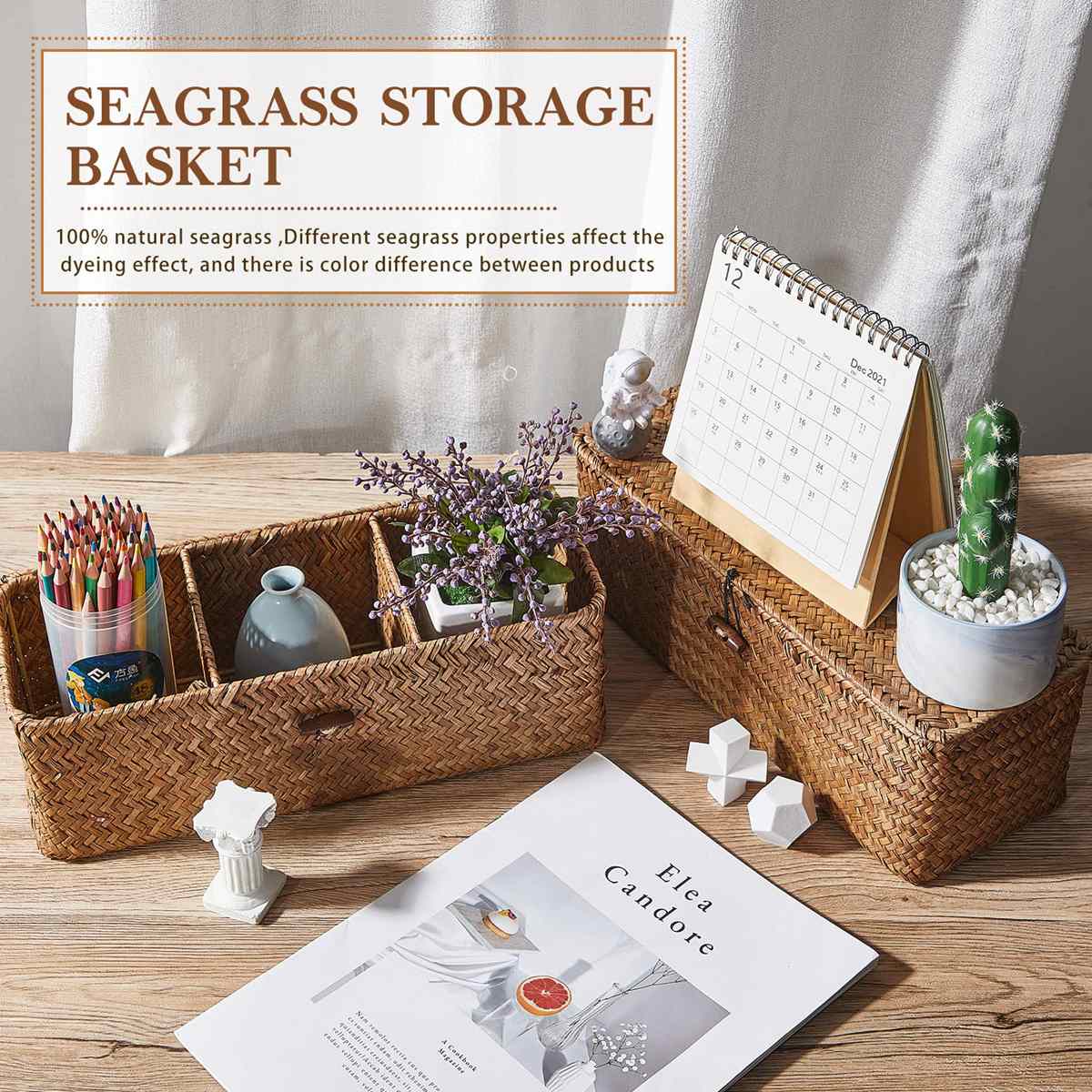 Seagrass Baskets with Lid Toilet Paper Basket with Lid Rectangular Hand Woven Wicker Bin Storage Box for Toilet Dresser Shelves Organizing(12.6 x 4.72 x 4.33 Inches,Wash White)
