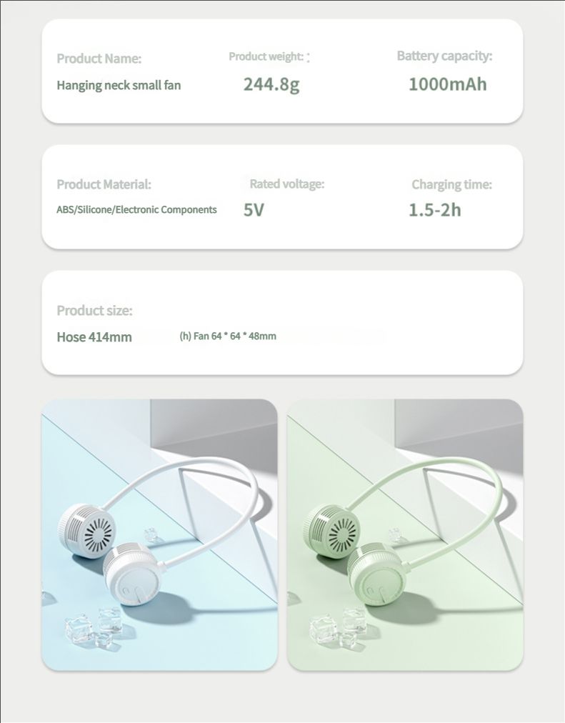 Portable neck fan, air conditioning fan, foldable neck fan, silent portable mini wearable battery powered USB charging 360 degree rotating fan