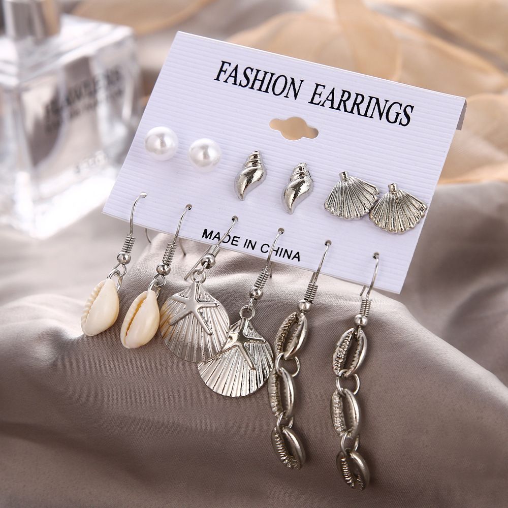 European and American wind conch series earrings Female starfish shell seaside beach wind earrings 6 pairs HJ0000284