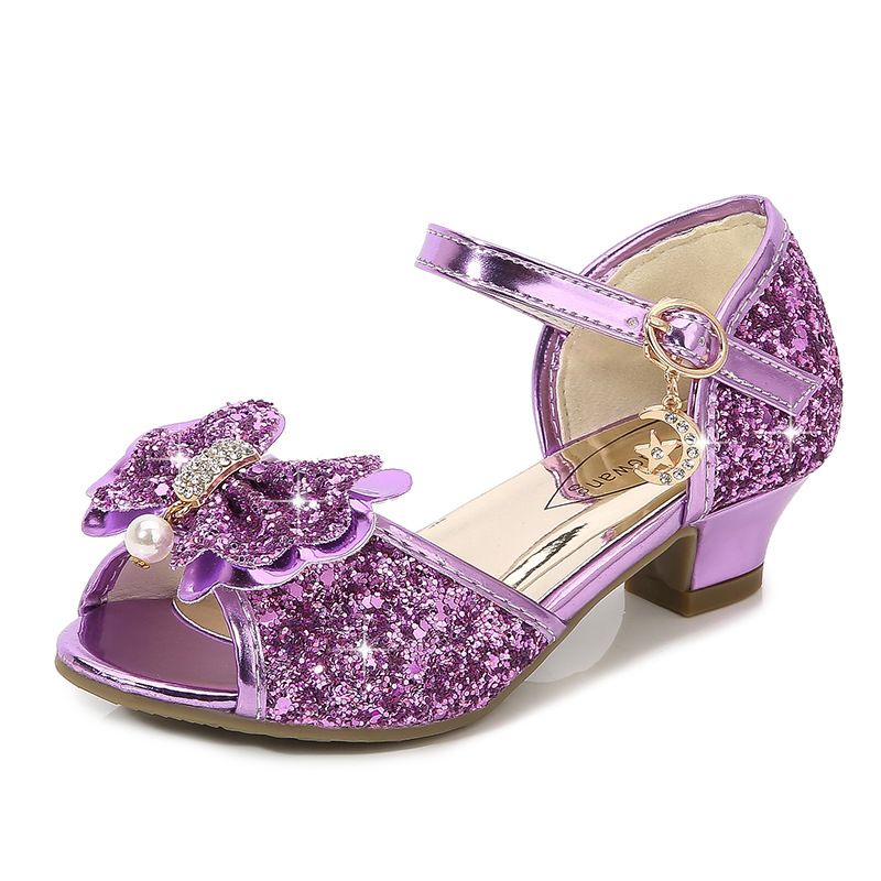 Dress Shoes Dreamy Girl's High Heels Children's Princess Sandals Bow Tie Children's Shoes Crystal Heeled Shoespurple