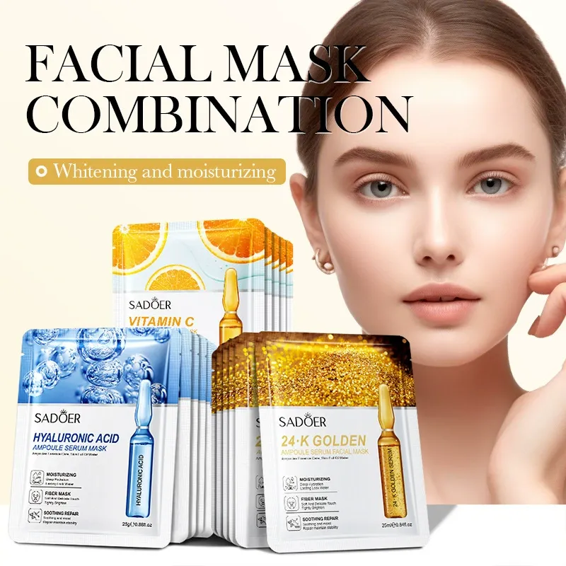 SADOER Ampoule Serum Facial Mask Set, 2Pcs Each of Vitamin C, Hyaluronic Acid & 24K Golden Masks, Hydrating, Brightening & Anti-Aging Sheet Mask Combo for All Skin Types