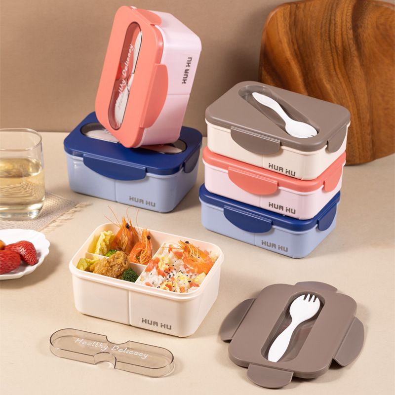 Microwave Safe Bento Box with Built-in Fork, 800ml/1200ml Leakproof Divided Food Container, Reusable Lunch Box for Students and Office Workers
