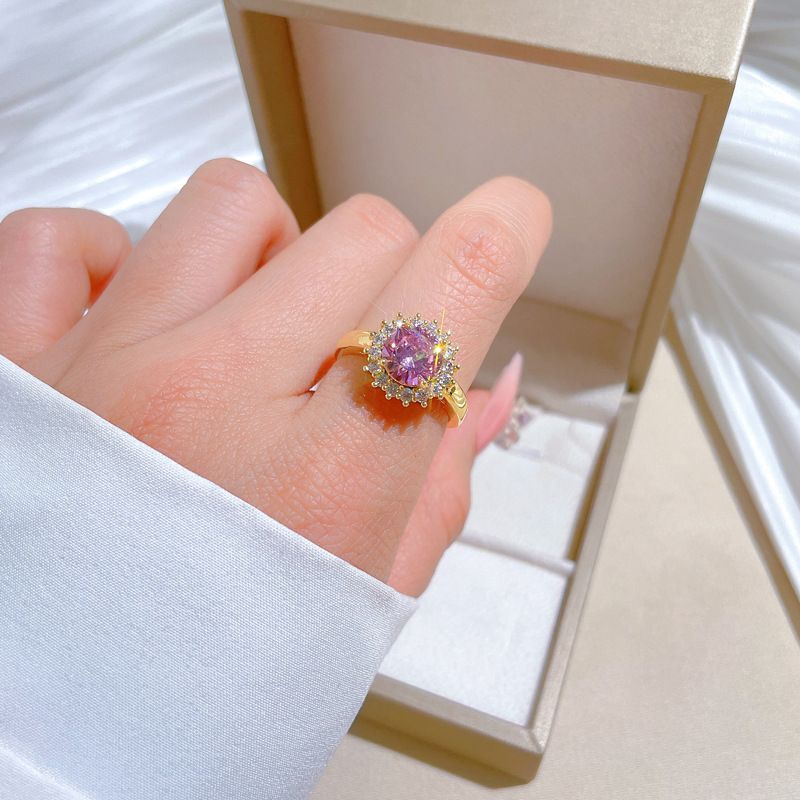 Minimalist Sunflower Double Halo Round Pink Cubic Zirconia Open Adjustable Ring Real Gold Electroplated Finger Band Sparkly Floral Statement Hand Jewelry Elegant Daily Matching Couple Promise Ring Gift For Women Dating Wedding Banquet Party Accessory
