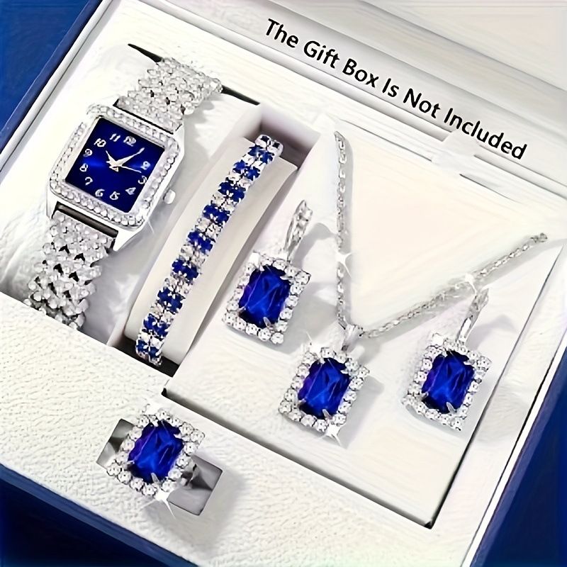 6Pcs Fashion Women Watch Jewelry Set Classic Square Dial Quartz Wrist Watch Elegant Two-Tone Bracelet Bangle Stylish Matching Accessory Kit for Ladies Daily Party Dress Up Gift