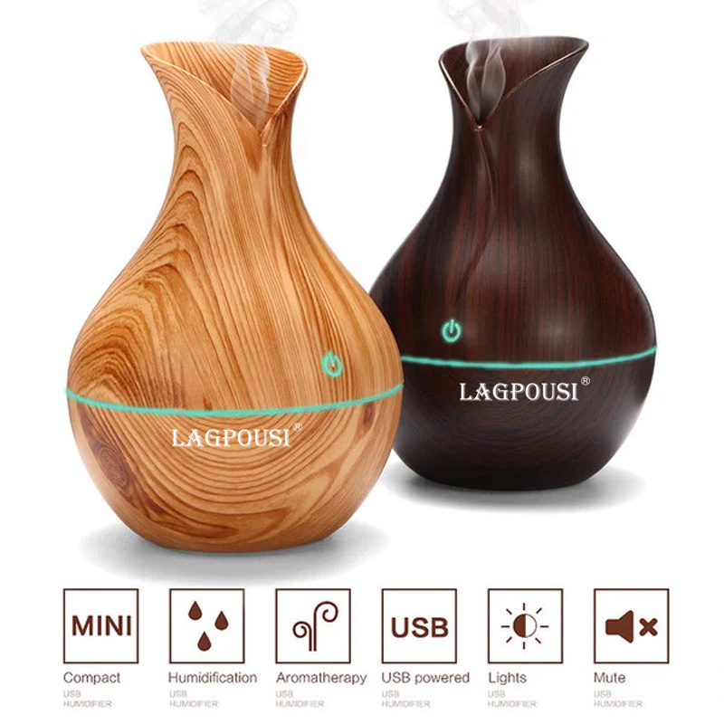 LAGPOUSI 5V USB Electric Aroma Air Diffuser Wood Ultrasonic Air Humidifier Essential Oil Aromatherapy Cool Mist Maker for Home