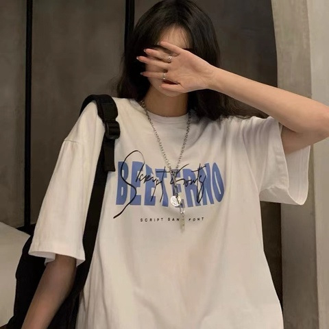 Women's White T-Shirt Print Letter Mid-Length Short Sleeves
