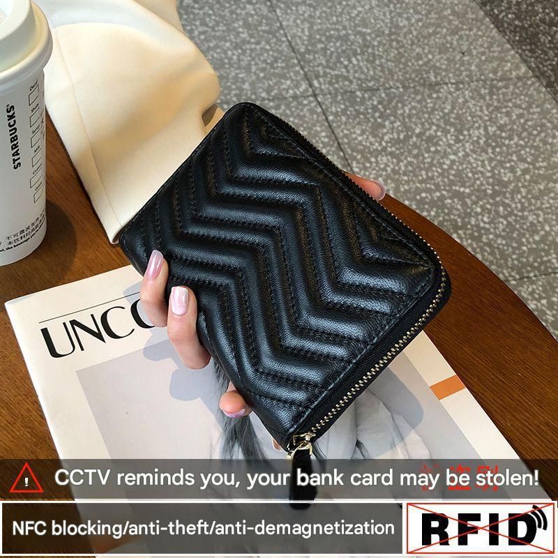 Genuine Sheepskin Card Holder for Women, Large Capacity Anti-Demagnetization Zipper Organizer, Accordion Multi Slots ID Document Wallet
