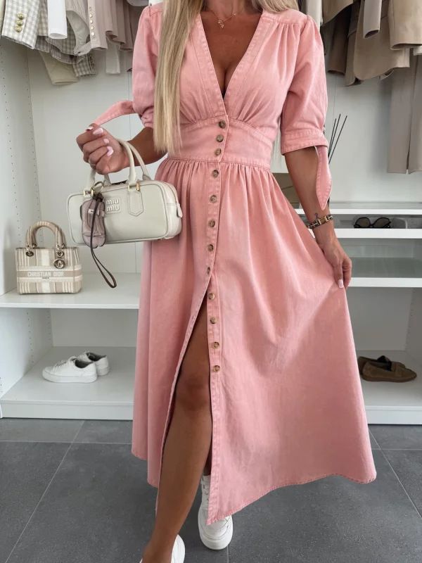 Fashion long skirt V-neck short sleeve loose denim long button dress woman