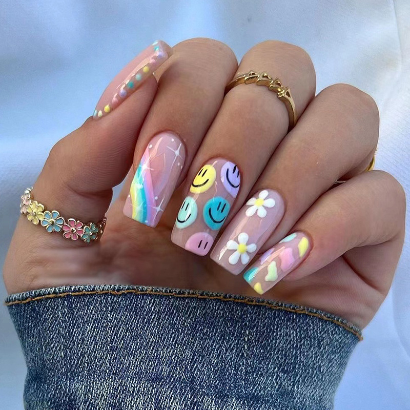 JP2487 Glossy Press on Nails, Medium Length Smiley Clouds White Flowers Rainbow Beveled Edges Prints Fake Nails, Full Cover Artificial False Nails for Women and Girls
