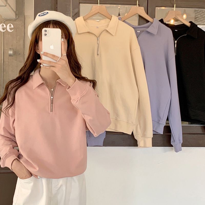 3036 Women's New Lapel Half-Zip Top Solid Color Cropped Top