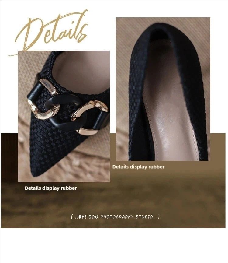 New Women's Single Shoes,High Heels,with Metal Chain, Niche and Versatile, Shallow Mouth, Stiletto Heel, Pointed Toe. Pointed Toe and Versatile Single Shoes for All Seasons with Stiletto Heel and Breathable Soft Leather for Professionals.Size 37-41.