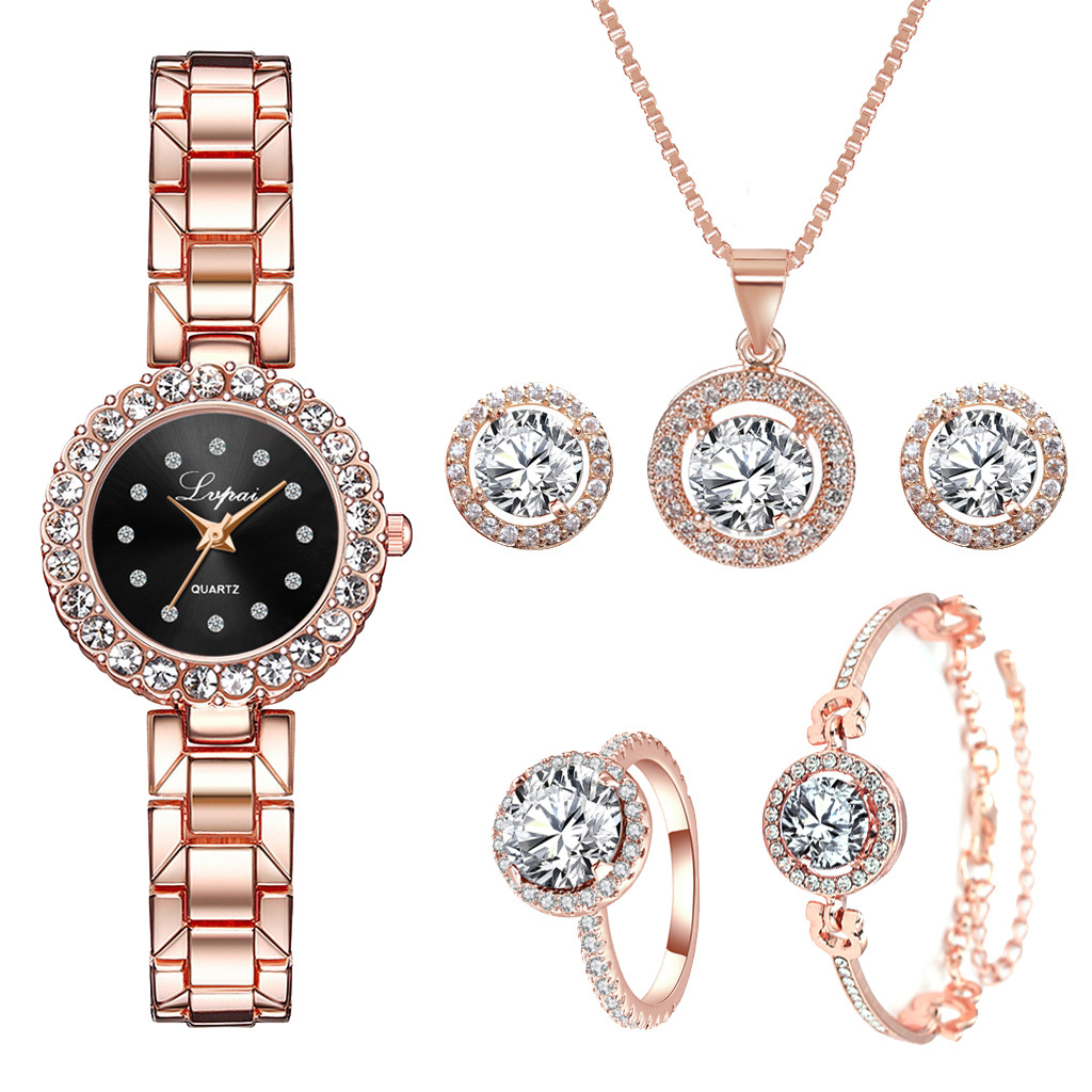 Watch + Bracelet + Necklace + Earrings + Ring 5 Piece Set Jewelry Package Round Diamond Watch Simple Quartz Watch Watch Steel Band Ladies Quartz Watch Girls Student Jewelry Pointer Watch