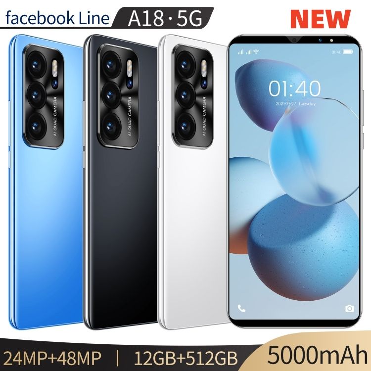 Smart phone A18 5.0 inch full screen 12GB +512GB front 24MP back 48 MP 5000mAh 10 core fingerprint android 10 facebook line A18 5G Android smartphone CRRSHOP GPS navigation high-quality Large screen mobile phone black gold blue phone