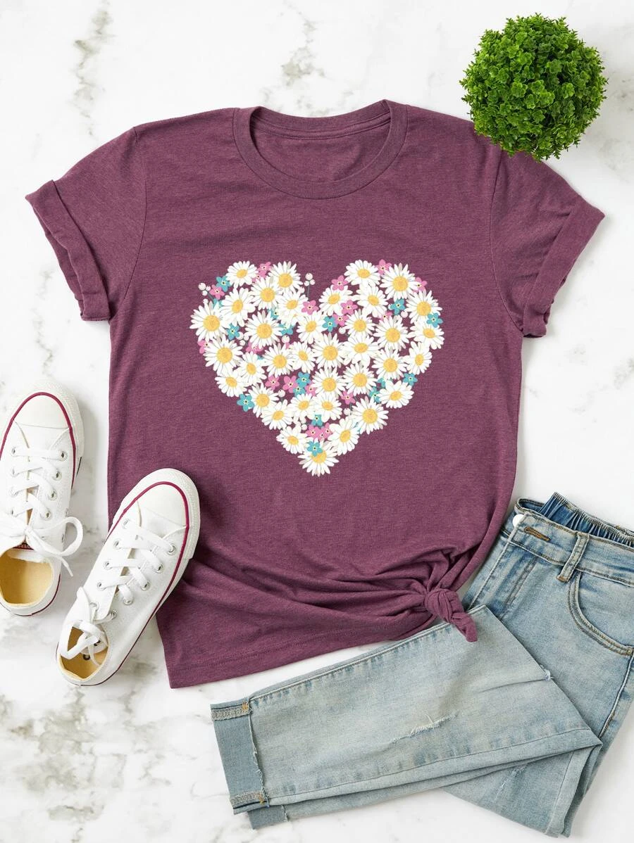 DX0104# Plus Floral Heart Print Tee T-Shirt