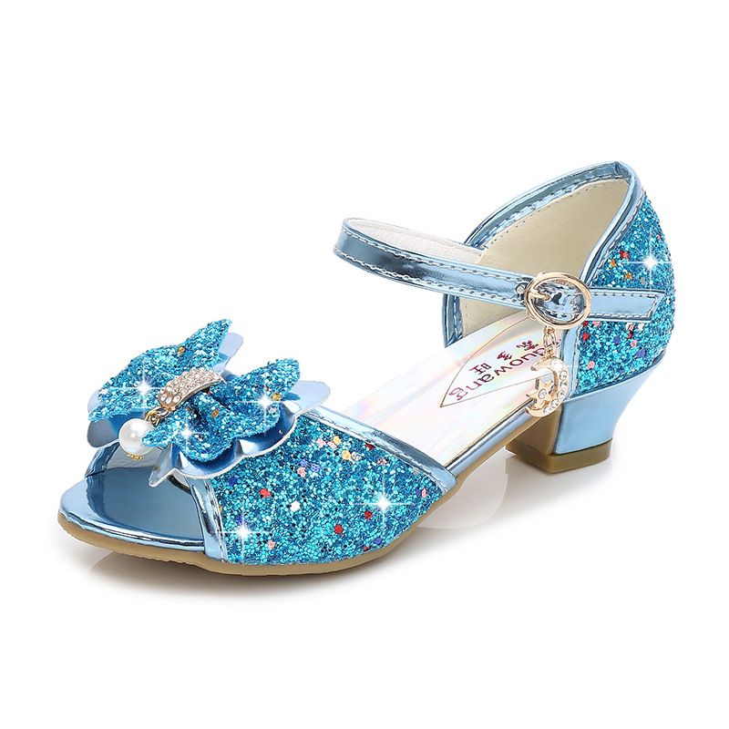 Dress Shoes Dreamy Girl's High Heels Children's Princess Sandals Bow Tie Children's Shoes Crystal Heeled Shoesblue