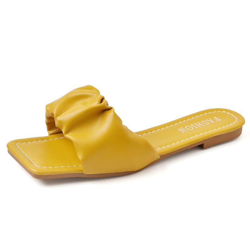 Slipper Lady Women Fanshionable Flat Heeled Slippers Women's New Summer Outerwear Fashion Wrinkle Sandals Square Toe Fairy Style Mules Clogs