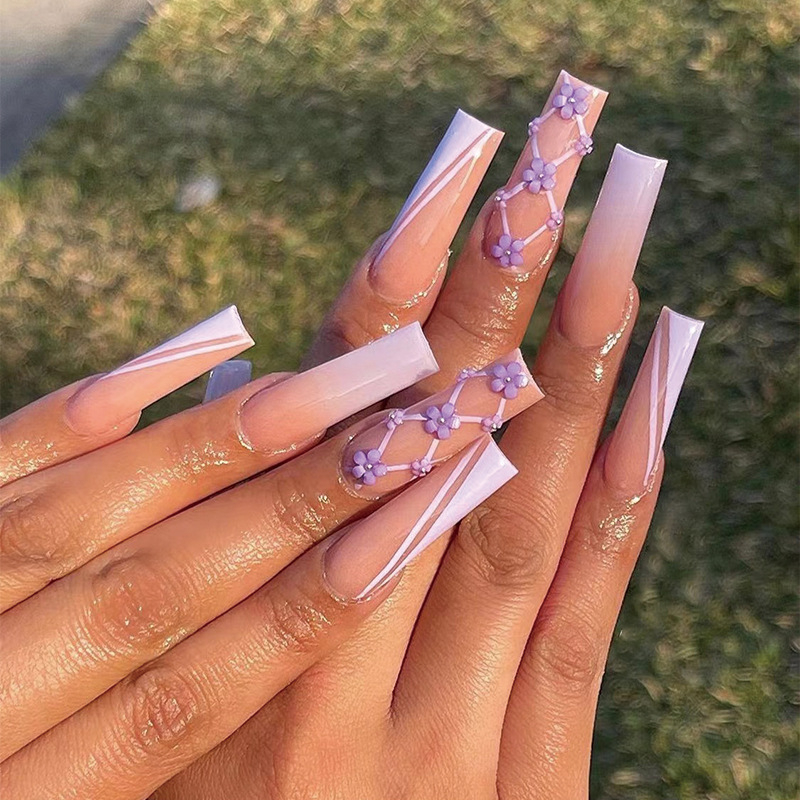 JP1722 24 Pcs Glossy Press on Nails, Super Long Coffin French Smudge Floral Decoration Fake Nails, Full Cover Artificial False Nails for Women and Girls
