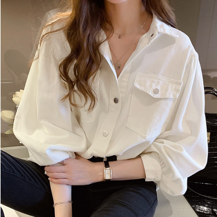 8733 Women's Autumn New Loose Long Sleeve Denim Shirt Solid Color Lapel Shirt