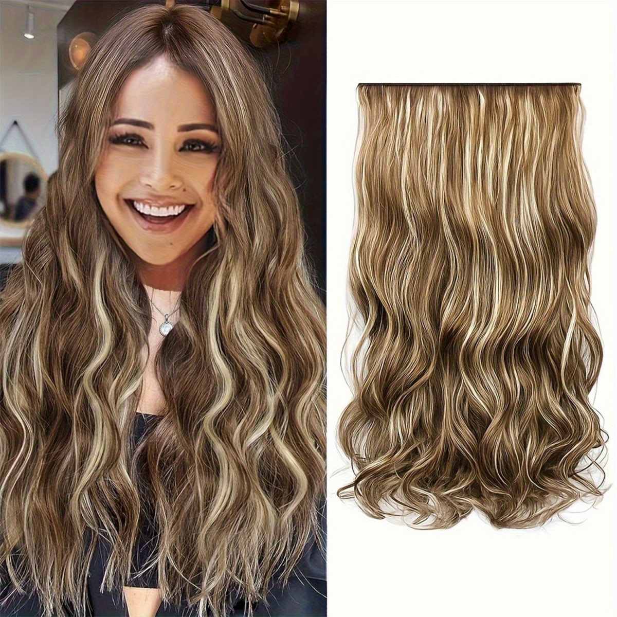 5 Clips In Long Wavy Hair Extensions for Women, One Piece Synthetic Curly Hair Pieces Natural Soft Clip On Hairpieces for Daily Party Cosplay Hairstyle Makeover