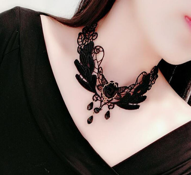 SC63139 Gothic Chokers Black Beaded Flowers Sexy Lace Neck Choker Necklace Vintage Tassel Chain Women