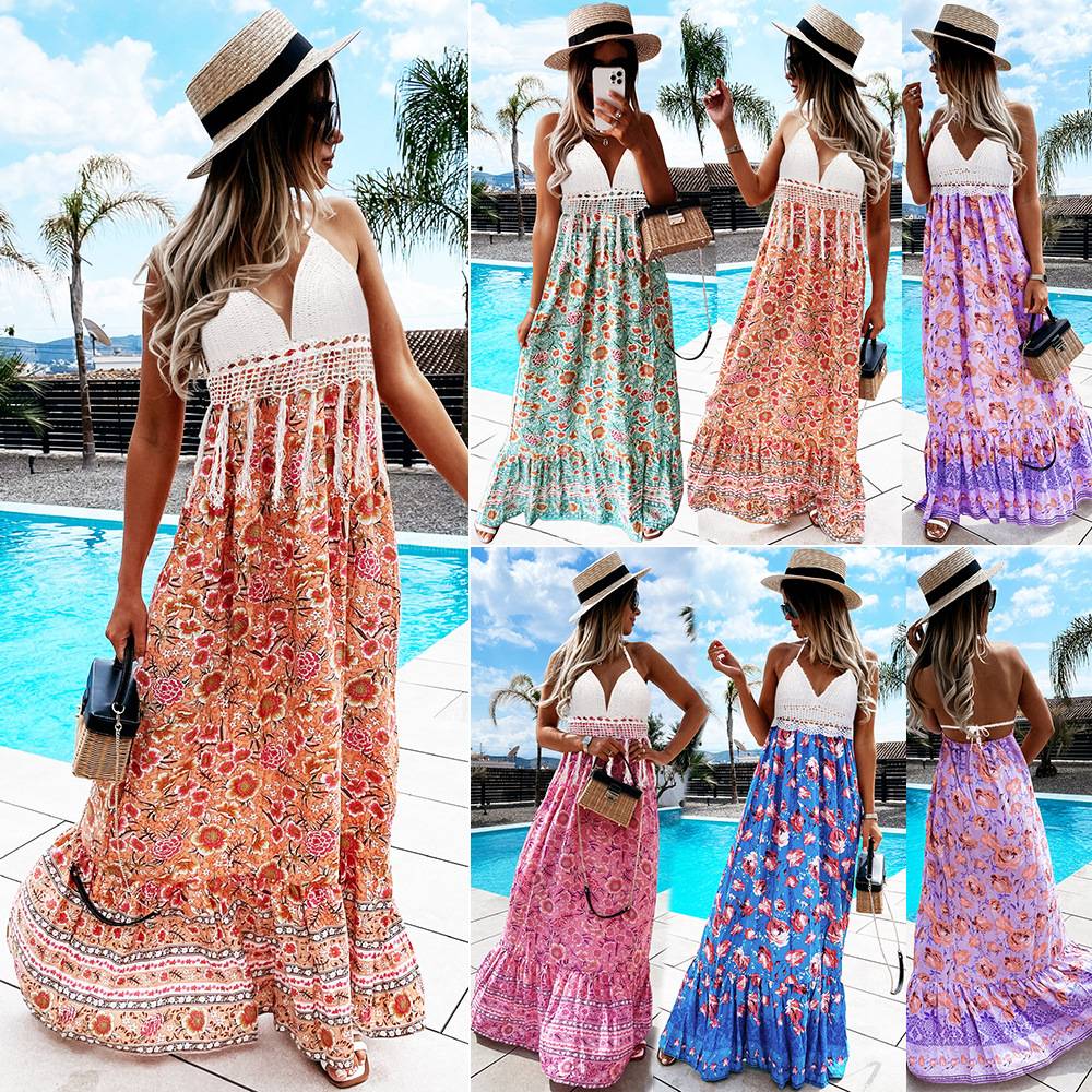 LQ225 Women's Halterneck Lace Up Dresses Summer Bohemian Casual Backless Floral Print Maxi Dress