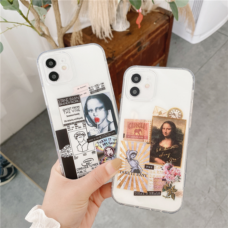 Funny Mona Lisa Pattern Phone Case for iPhone 12 Spoof Funny Label Design Transparent Cover for iPhone 11/7/8/X/XR/XS/MAX