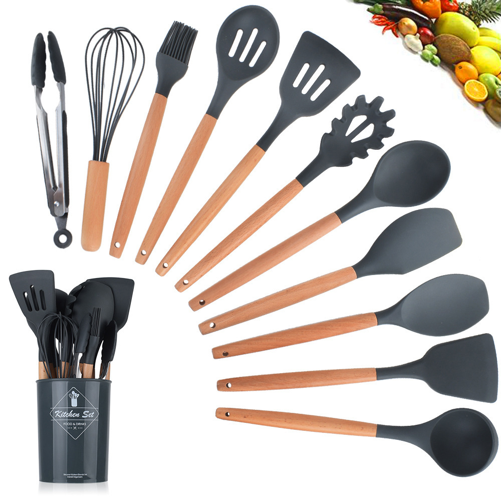 KU031 Silicone Kitchen Cooking Utensils Set-Umite Chef 11 pcs Heat Resistant Kitchen Utensils, Black Kitchen Gadgets Tools Set with Stainless Steel Handles for Non-Stick Cookware