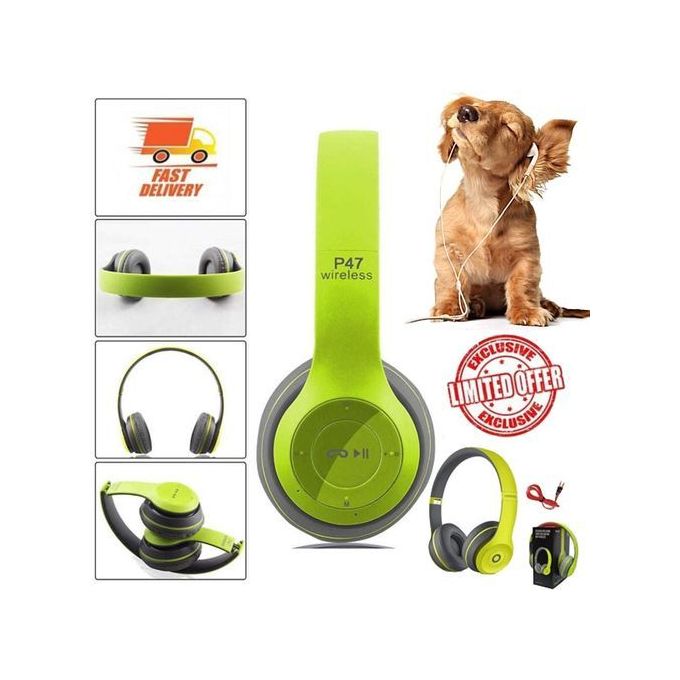 P47 Sleek Bluetooth Headphone With FM Radio - Lemon Green