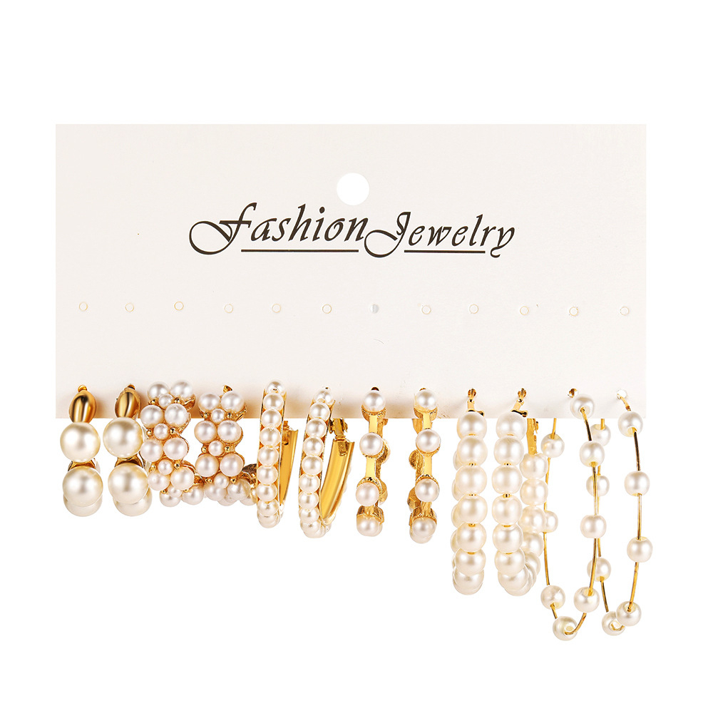 5604601 12pcs Trendy Gold Color Metal Earrings Set For Women Fashion Geometric Pearl Circle Drop Earrings Trend Set of Earrings Jewelry