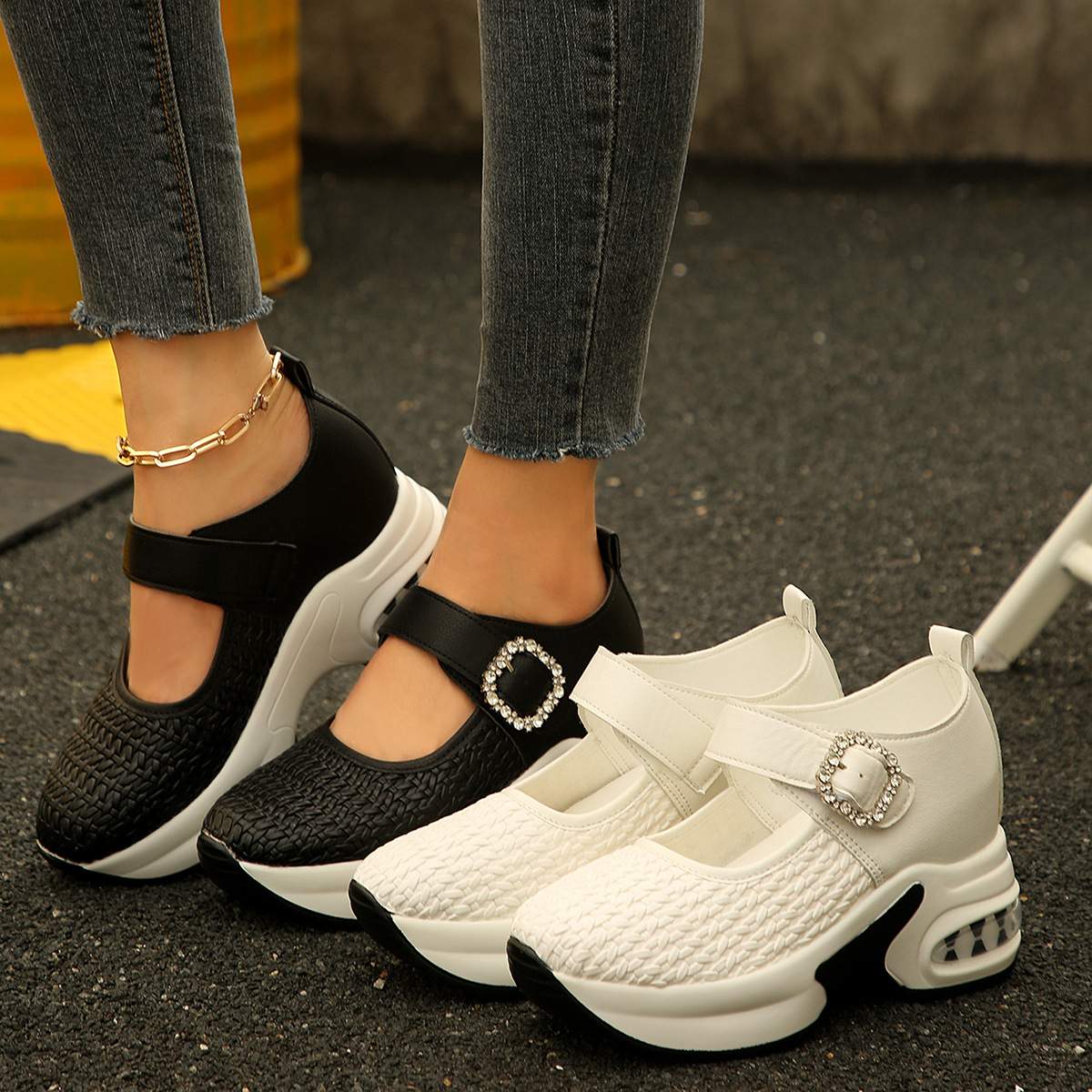 2025 Autumn New Woven Platform Wedge Sneakers Women's Large Size Rhinestone Decor Casual Sports Shoes