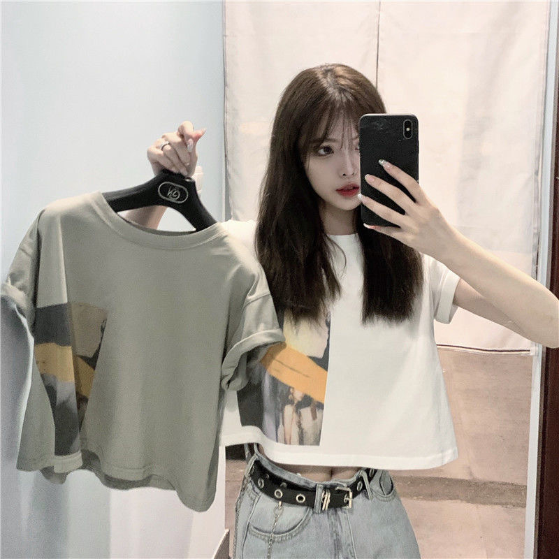 986 Women's Fashion Loose Casual Print Crop Top Short Sleeve T-shirt