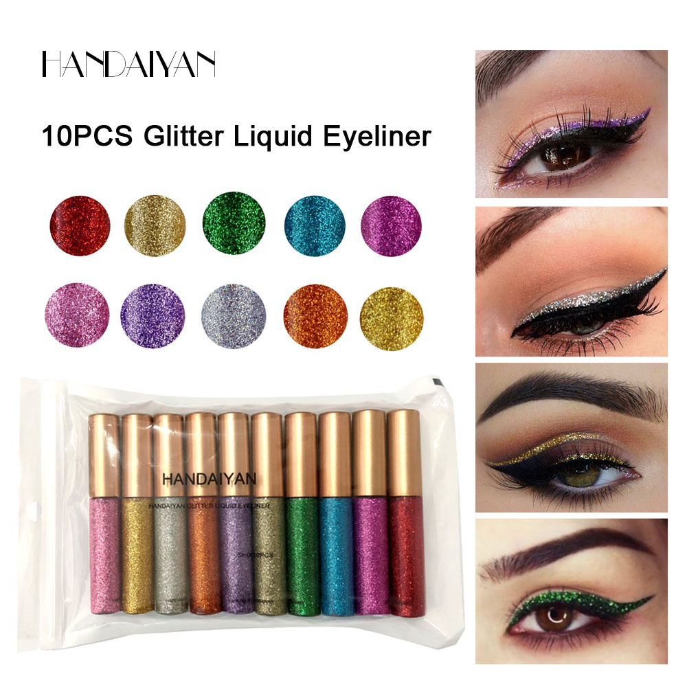 H2008Kit HANDAIYAN 10Pcs/Set Matte Glitter Pigment Liquid Eyeliner Pencil Fast Dry Non Smudge Cosmetic Long Lasting Eye Liner Waterproof