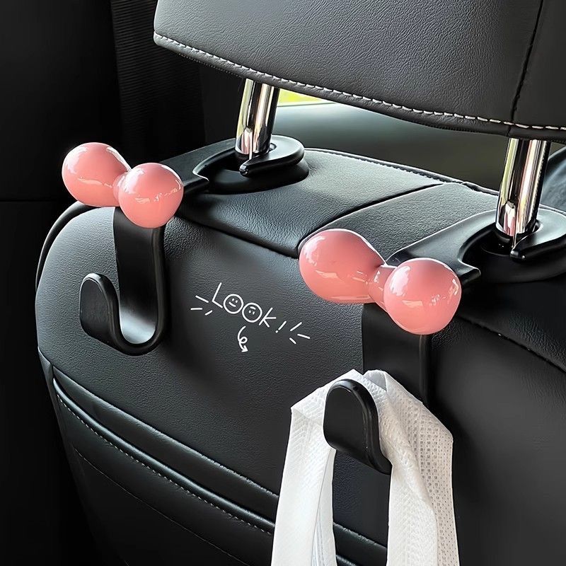 Cute Dopamine Bow Car Seat Back Hooks Pink Girly Style No Trace Interior Storage Hanging Hooks Nice Gift for New Car Owners
