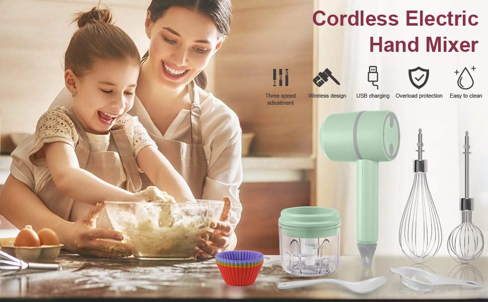 OWL Cordless Hand Mixer Electric with the Function of Chopper, 3-in-1 Speed Change Hand Mixer for Kitchen Baking and Baby Food Etc, with 304 Stainless Steel Egg Beater, BPA-free Food Chopper