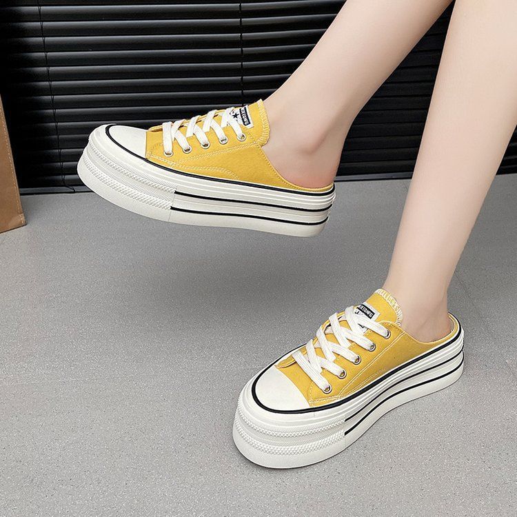 Candy-colored canvas shoes for women 2025 summer new style a single shoe with a full head preppy style thick sole simple half slipper