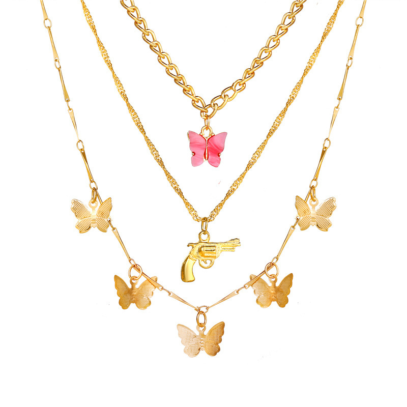 52596 Pistol & Butterfly Charm Multi Layered Chain Pendant Necklace
