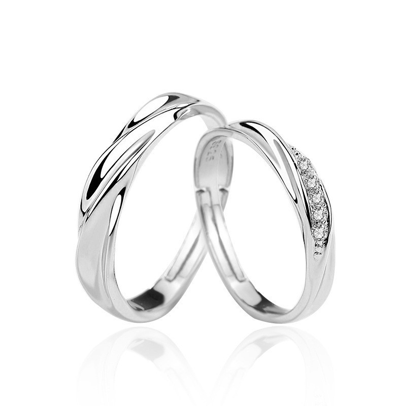 TL-078 925 Sterling Silver Couple Rings, Opening Adjustable Eternity Promise Engagement Wedding Statement Rings Simple Jewelry Gifts for Women Girls Men BFF
