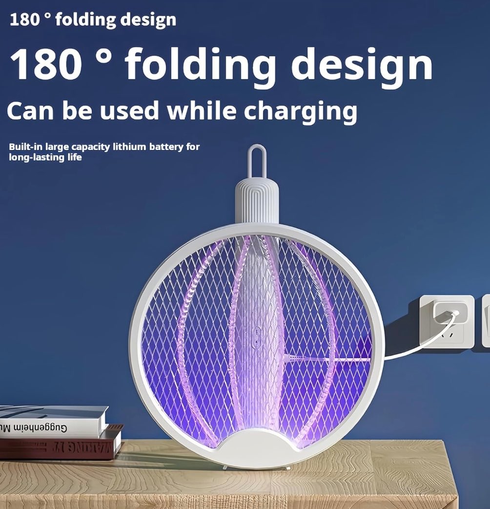 Electric Fly Swatter Mosquito killer Lamp 2 in 1, Foldable, Standing, Wall Mounted, 3000 V with USB, Rechargeable, Suitable for Home, Garden, Camping, Indoor and Outdoor Use