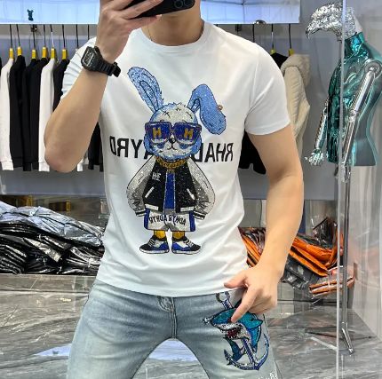  Slim fit t shirt men best quality brand 95 cotton 5 spandex t shirts streetwear t-shirt men's rhinestone shirt