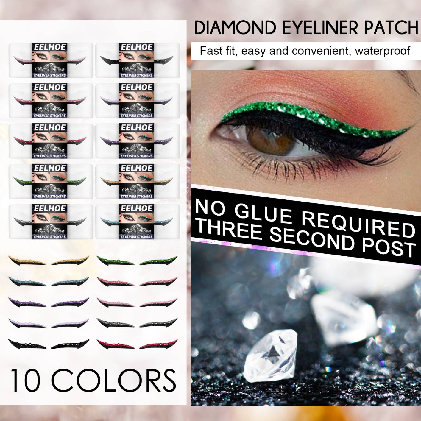 1 Pair Colorful Reusable Glitter Eyeliner Stickers Self-Adhesive Eye Line Strip Sticker with Rhinestone