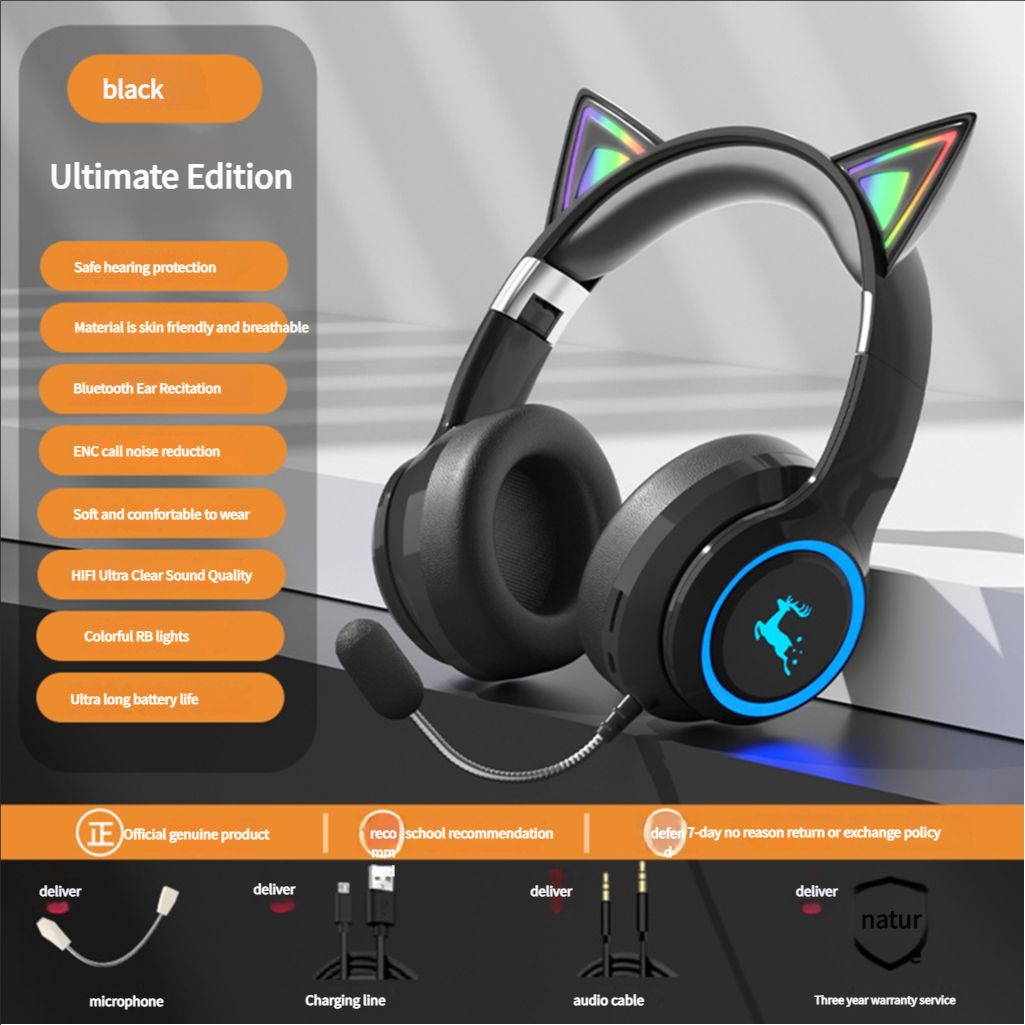 Cat Ear Ears Back Earphones Head Mounted Children's Recitation Bluetooth Student Learning Specific Luminous Endorsement ArtifactAudio version in black