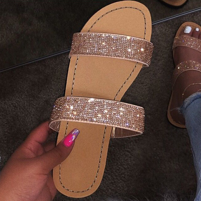 PL0014 Women's Slide Sandals Open Toe Two Bling Strap Slip On Flat Sandals Casual Summer Shoes